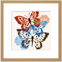 Artery8 Butterflies Stamp Style Art Blue Red & Brown on White Nature Painting Square Wooden Framed Wall Art Print Picture 8X8 Inch in Light Oak