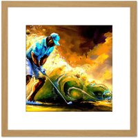Artery8 Abstract Golfing Golf Course Green Golfer Swing Sport Colourful Yellow Painting Square Wooden Framed Wall Art Print Picture 8X8 Inch