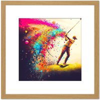 Artery8 Abstract Golfing Golf Course Green Golfer Swing Sport Multicoloured Oil Painting Square Wooden Framed Wall Art Print Picture 8X8 Inch