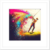 Artery8 Abstract Golfing Golf Course Green Golfer Swing Sport Multicoloured Oil Painting Square Wooden Framed Wall Art Print Picture 8X8 Inch in White