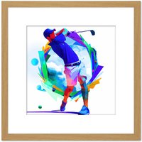 Artery8 Abstract Golfer Golf Course Golfing Swing Bright Painting Square Wooden Framed Wall Art Print Picture 8X8 Inch in Light Oak