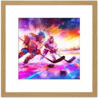 Artery8 Ice Hockey Players Battle For Puck Bright Winter Sport Oil Painting Square Wooden Framed Wall Art Print Picture 8X8 Inch in Light Oak