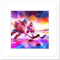 Artery8 Ice Hockey Players Battle For Puck Bright Winter Sport Oil Painting Square Wooden Framed Wall Art Print Picture 8X8 Inch in White