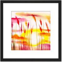Artery8 Abstract Wheat Field Nature Landscape Sunset Bright Watercolour Yellow Pink Red Orange Square Wooden Framed Wall Art Print Picture 8X8 Inch