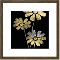 Artery8 Gold Silver Leaf Style Flowers Floral Metallic Effect Foil Style Black Painting Square Wooden Framed Wall Art Print Picture 8X8 Inch in Brown