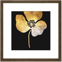 Artery8 Gold on Black Metallic Effect Foil on Black Style Single Flower Floral Painting Square Wooden Framed Wall Art Print Picture 8X8 Inch in Brown