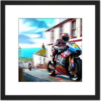 Artery8 Isle of Man Tt Races Motorbike Motorsport Watercolour Street Scene Square Wooden Framed Wall Art Print Picture 8X8 Inch in Black
