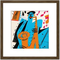 Artery8 Abstract Jazz Saxophone Musical Modern Painting Blue Orange Square Wooden Framed Wall Art Print Picture 8X8 Inch in Brown