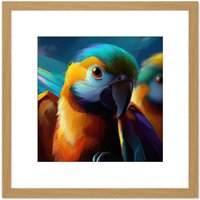 Artery8 Blue & Gold Macaw Parrot Vibrant Colourful Oil Painting Square Wooden Framed Wall Art Print Picture 8X8 Inch in Light Oak