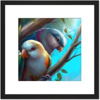 Artery8 Budgie Parakeet Wild Bird in Tree Oil Painting Square Wooden Framed Wall Art Print Picture 8X8 Inch in Black
