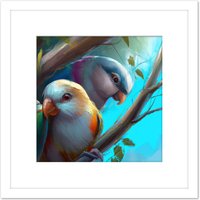 Artery8 Budgie Parakeet Wild Bird in Tree Oil Painting Square Wooden Framed Wall Art Print Picture 8X8 Inch in White