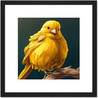 Artery8 Bright Canary Bird Perched on Branch Yellow Oil Painting Square Wooden Framed Wall Art Print Picture 8X8 Inch in Black