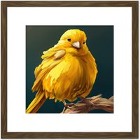 Artery8 Bright Canary Bird Perched on Branch Yellow Oil Painting Square Wooden Framed Wall Art Print Picture 8X8 Inch in Brown