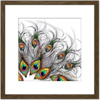 Artery8 Abstract Line Art Peacock Feather Pen Ink Drawing Square Wooden Framed Wall Art Print Picture 8X8 Inch in Brown