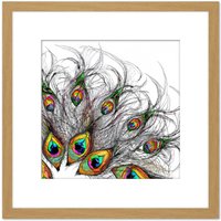 Artery8 Abstract Line Art Peacock Feather Pen Ink Drawing Square Wooden Framed Wall Art Print Picture 8X8 Inch in Light Oak