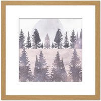 Artery8 Pine Tree Forest Landscape Soft Pastel Colour Painting Square Wooden Framed Wall Art Print Picture 8X8 Inch in Light Oak