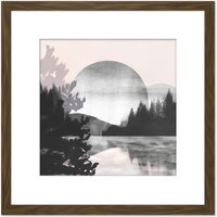 Artery8 Large Full Moon Over Lakeside Landscape Watercolour & Ink Illustration Square Wooden Framed Wall Art Print Picture 8X8 Inch in Brown