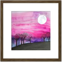 Artery8 Full Moon Pink Sky Forest Landscape Simple Watercolour Illustration Square Wooden Framed Wall Art Print Picture 8X8 Inch in Brown