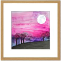 Artery8 Full Moon Pink Sky Forest Landscape Simple Watercolour Illustration Square Wooden Framed Wall Art Print Picture 8X8 Inch in Light Oak