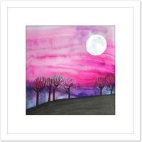 Artery8 Full Moon Pink Sky Forest Landscape Simple Watercolour Illustration Square Wooden Framed Wall Art Print Picture 8X8 Inch in White