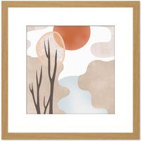 Artery8 River Landscape Autumn Sunset Boho Abstract Illustration Square Wooden Framed Wall Art Print Picture 8X8 Inch in Light Oak
