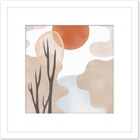 Artery8 River Landscape Autumn Sunset Boho Abstract Illustration Square Wooden Framed Wall Art Print Picture 8X8 Inch in White