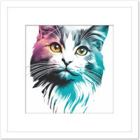 Artery8 Cat Head Colourful Watercolour & Ink Teal Pink Orange Illustration Square Wooden Framed Wall Art Print Picture 8X8 Inch in White