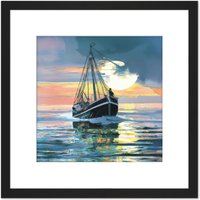 Artery8 Fisherman Returns Oil Painting Fishing Boat Dusk Ocean Peaceful Pink Square Wooden Framed Wall Art Print Picture 8X8 Inch in Black
