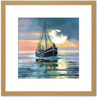 Artery8 Fisherman Returns Oil Painting Fishing Boat Dusk Ocean Peaceful Pink Square Wooden Framed Wall Art Print Picture 8X8 Inch in Light Oak