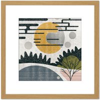 Artery8 Abstract Landscape Grunge Boho Sunrise Vintage Square Wooden Framed Wall Art Print Picture 8X8 Inch in Light Oak