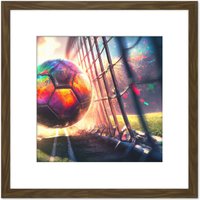 Artery8 Football Soccer Goal Score Back of Net Colourful Sport Painting Square Wooden Framed Wall Art Print Picture 8X8 Inch in Brown