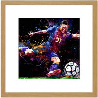 Artery8 Football Soccer Action Shot Penalty Kick Goal Abstract Sport Painting Square Wooden Framed Wall Art Print Picture 8X8 Inch in Light Oak
