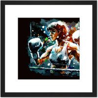 Artery8 Female Boxing Action Painting Boxing Ring Gloves Square Wooden Framed Wall Art Print Picture 8X8 Inch in Black