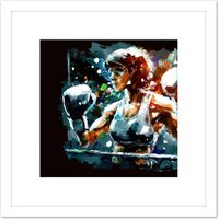 Artery8 Female Boxing Action Painting Boxing Ring Gloves Square Wooden Framed Wall Art Print Picture 8X8 Inch in White