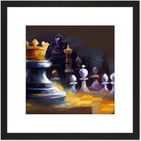 Artery8 Chess Board Pieces Gold Crown King Abstract Painting Square Wooden Framed Wall Art Print Picture 8X8 Inch in Black