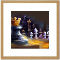 Artery8 Chess Board Pieces Gold Crown King Abstract Painting Square Wooden Framed Wall Art Print Picture 8X8 Inch in Light Oak