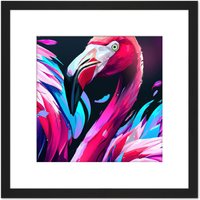 Artery8 Flamingo Birds Modern Pink Blue Purple Painting Square Wooden Framed Wall Art Print Picture 8X8 Inch in Black