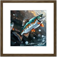 Artery8 Rainbow Trout Fish Jumping Out of Water Modern Oil Painting Square Wooden Framed Wall Art Print Picture 8X8 Inch in Brown