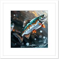 Artery8 Rainbow Trout Fish Jumping Out of Water Modern Oil Painting Square Wooden Framed Wall Art Print Picture 8X8 Inch in White