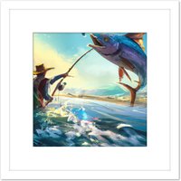 Artery8 Fisherman Fishing Angler Large Fish Catch Sunrise Coastal Abstract Painting Square Wooden Framed Wall Art Print Picture 8X8 Inch in White