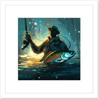 Artery8 Fly Rod Fishing Fisherman in Water With Large Fish Abstract Painting Square Wooden Framed Wall Art Print Picture 8X8 Inch in White