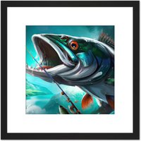 Artery8 Angler Large Game Catch Fish Fishing Rod Blue Green Orange Intense Painting Square Wooden Framed Wall Art Print Picture 8X8 Inch in Black