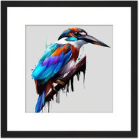 Artery8 Kingfisher Bird & Branch Portrait Blue Purple Orange Acrylic Paint on White Square Wooden Framed Wall Art Print Picture 8X8 Inch in Black