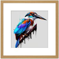 Artery8 Kingfisher Bird & Branch Portrait Blue Purple Orange Acrylic Paint on White Square Wooden Framed Wall Art Print Picture 8X8 Inch in Light Oak