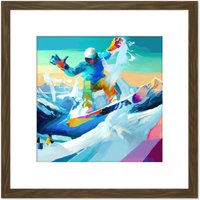 Artery8 Snowboarder Mid Air Action Shot Modern Colourful Abstract Acrylic Paint Square Wooden Framed Wall Art Print Picture 8X8 Inch in Brown
