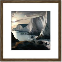 Artery8 Winter Coastal Landscape White Cliffs at Dawn Modern Oil Painting Square Wooden Framed Wall Art Print Picture 8X8 Inch in Brown