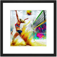 Artery8 Women's Beach Volleyball Match Action Shot Modern Abstract Colourful Oil Paint Square Wooden Framed Wall Art Print Picture 8X8 Inch in Black