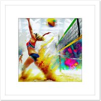 Artery8 Women's Beach Volleyball Match Action Shot Modern Abstract Colourful Oil Paint Square Wooden Framed Wall Art Print Picture 8X8 Inch in White