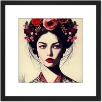 Artery8 Retro Funky Flower Hair Kimono Vintage Style Floral Portrait Illustration Square Wooden Framed Wall Art Print Picture 8X8 Inch in Black