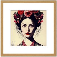 Artery8 Retro Funky Flower Hair Kimono Vintage Style Floral Portrait Illustration Square Wooden Framed Wall Art Print Picture 8X8 Inch in Light Oak